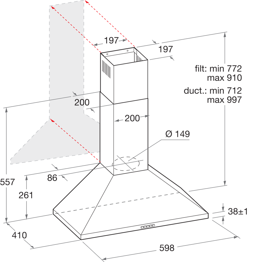 Hotpoint 60CM Chimney Hood - Button Control - Stainless Steel With Dishwashable Aluminium Grease Filter - 56 / 65 Db - Image 2